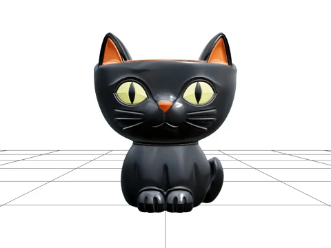 Black Cat Candy Bowl with Orange Glaze and Curled Tail 3D Model