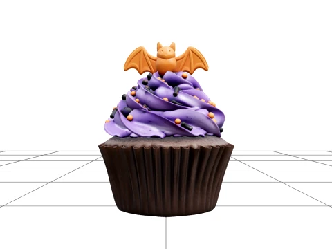 Halloween Cupcake with Violet Frosting and Bat Topper 3D Model