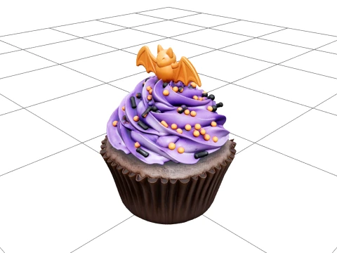 Halloween Cupcake with Violet Frosting and Bat Topper 3D Model