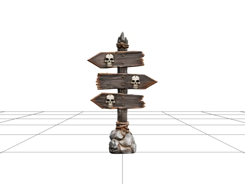 Crooked Direction Signpost with Carved Skull Symbols 3D Model