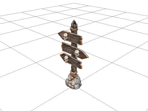 Crooked Direction Signpost with Carved Skull Symbols 3D Model