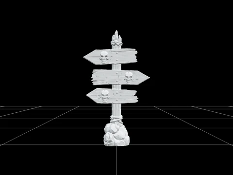Crooked Direction Signpost with Carved Skull Symbols 3D Model