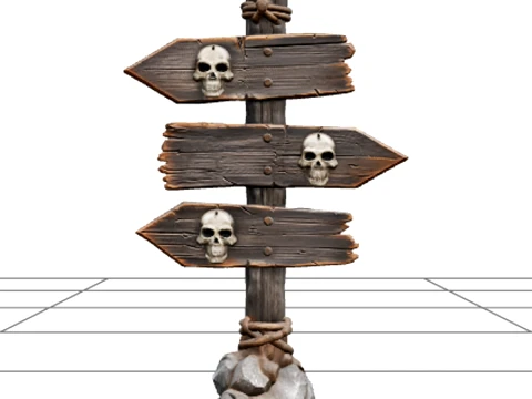 Crooked Direction Signpost with Carved Skull Symbols 3D Modell