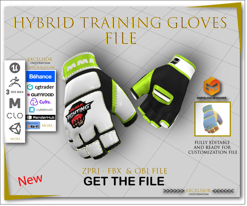 Boxing Gloves ZPRJ FBX OBJ Realistic Sportswear Design for CLO Marvelous Designer 3Dモデル .c4d .max .obj .3ds .fbx .stl .blend