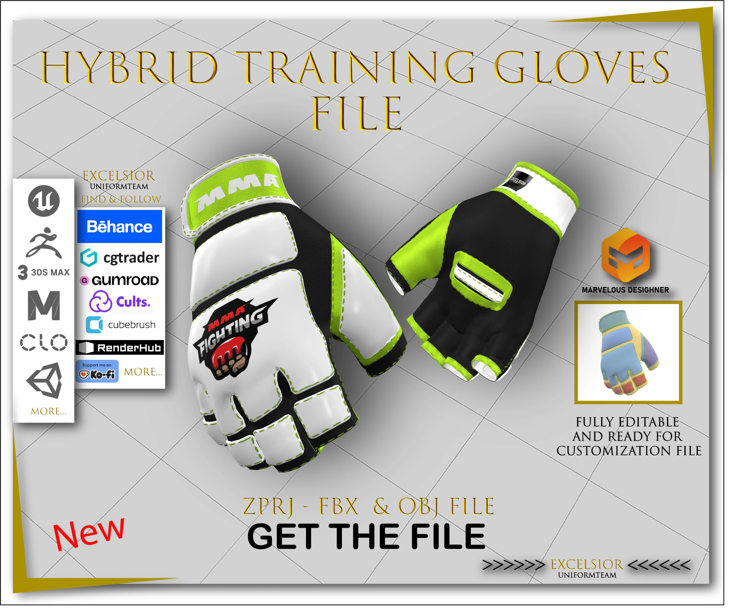 Boxing Gloves ZPRJ FBX OBJ Realistic Sportswear Design for CLO Marvelous Designer 3D Model .c4d .max .obj .3ds .fbx .stl .blend 