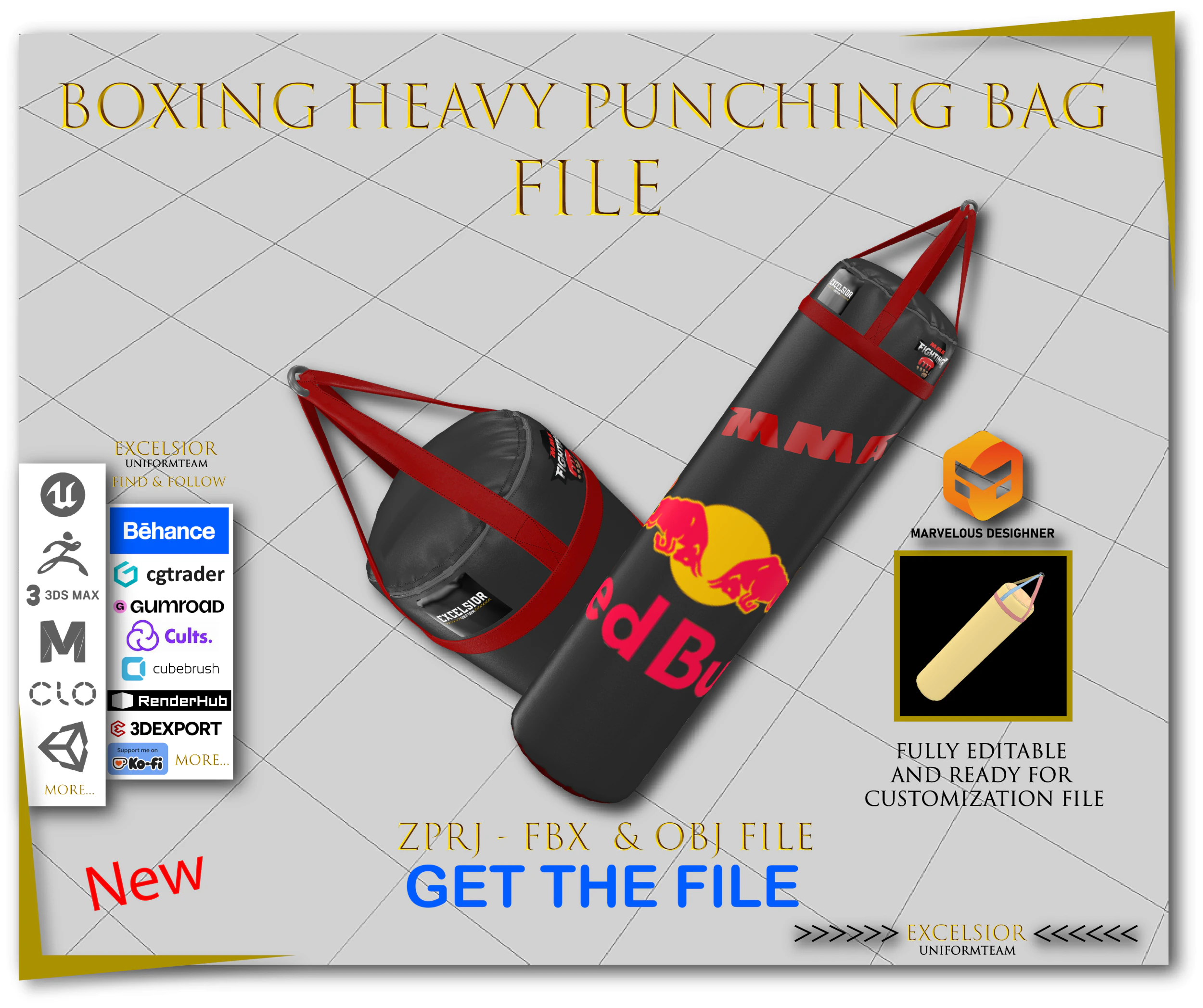 Sac de boxe lourd, &eacute;quipement de sport r&eacute;aliste, ZPRJ FBX OBJ Modèle 3D .c4d .max .obj .3ds .fbx .stl .blend 