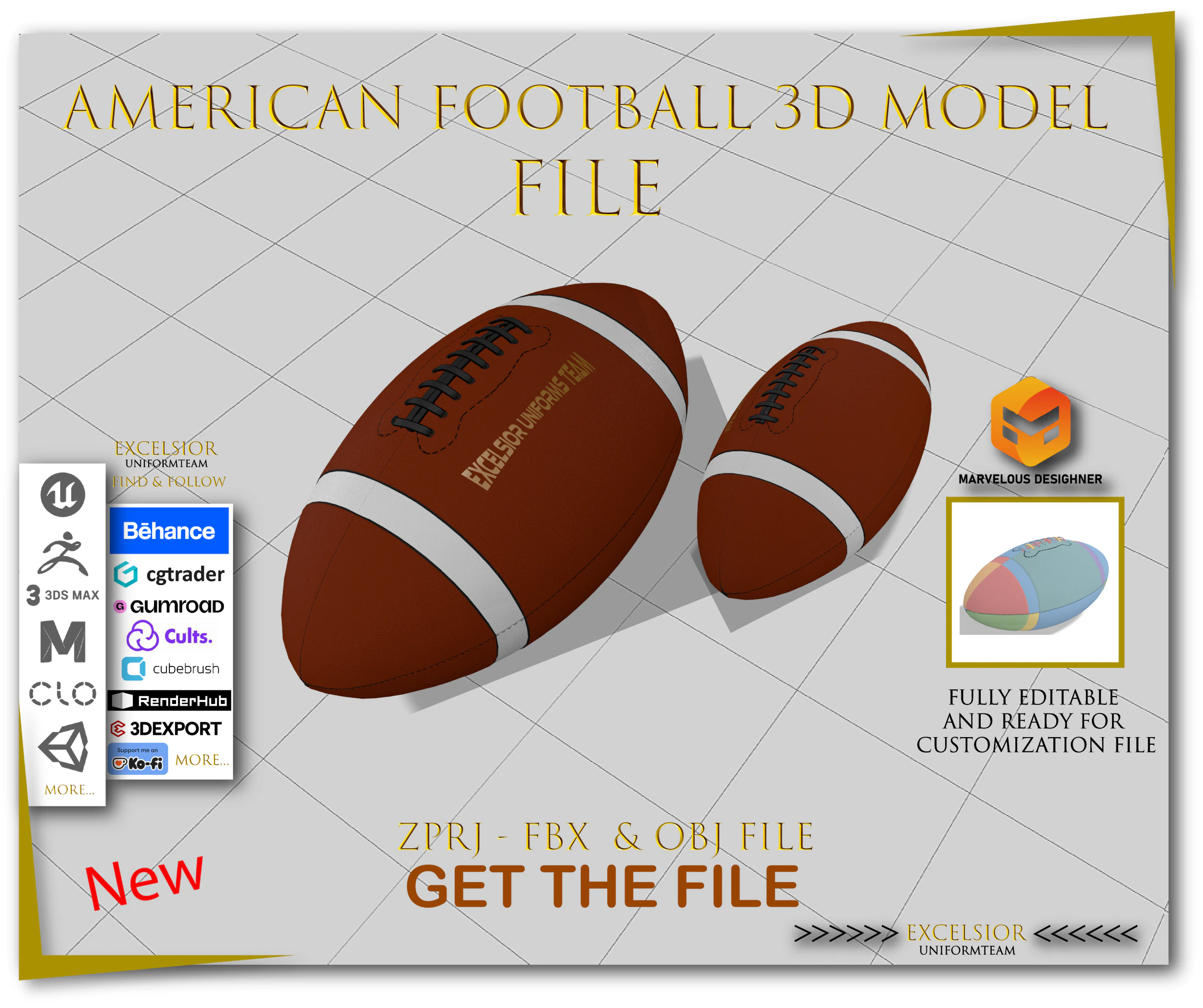 American Football ZPRJ FBX OBJ Bundle Premium Leather Stitch Design 3D Model .c4d .max .obj .3ds .fbx .stl .blend 