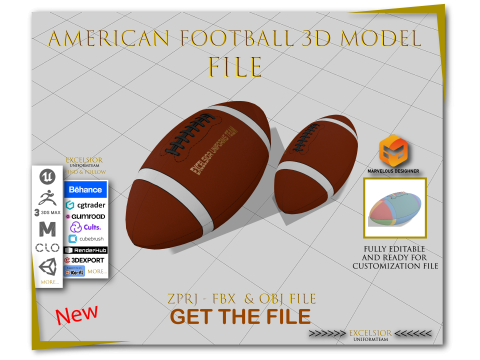 American Football ZPRJ FBX OBJ Bundle Premium Leather Stitch Design 3D Model
