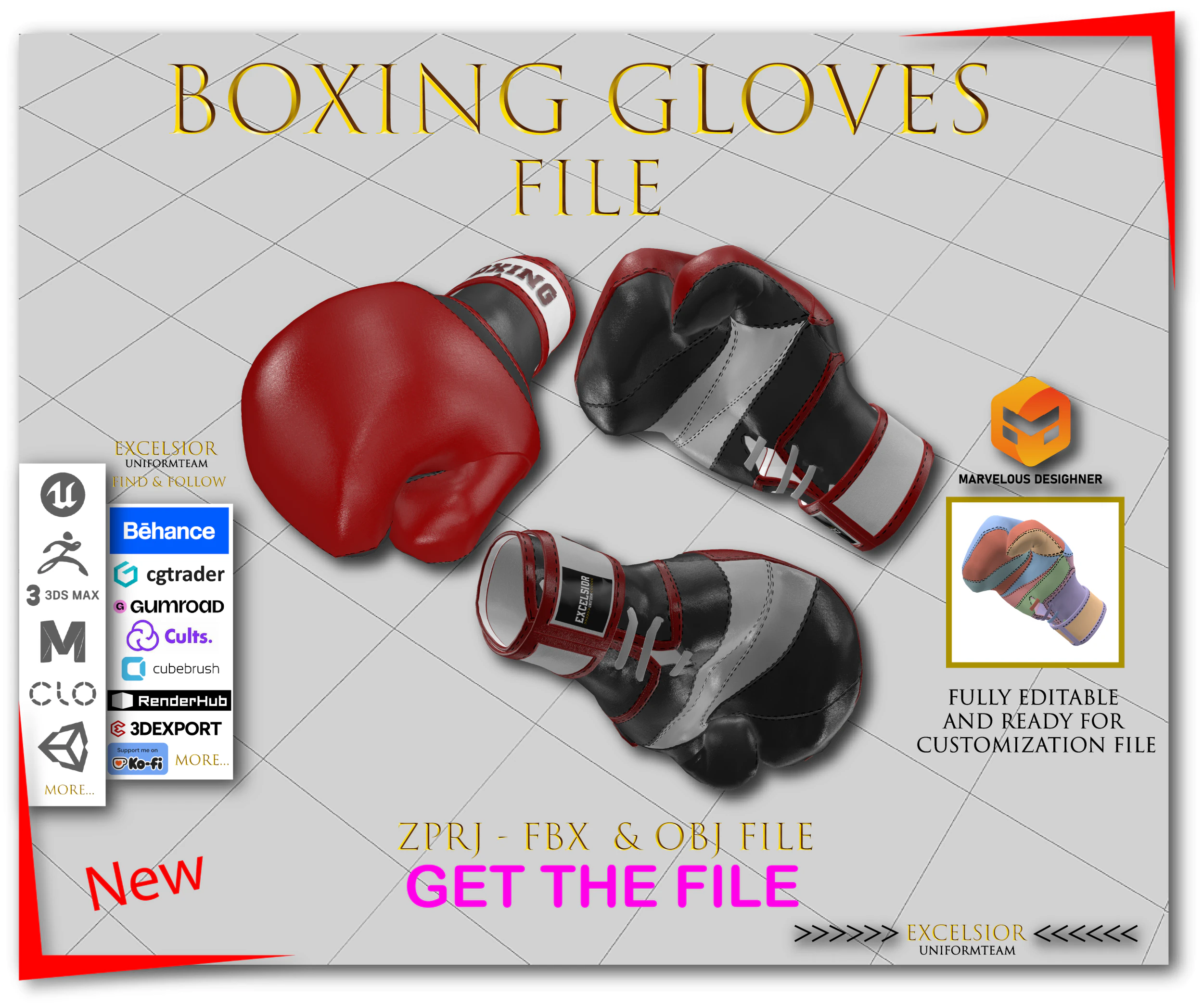 Realistic Boxing Gloves ZPRJ FBX OBJ 3D Model .c4d .max .obj .3ds .fbx .stl .blend 