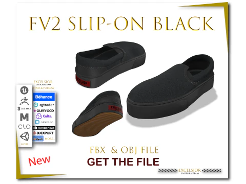 FV2 Slip-On Preto Game Ready FBX OBJ Excelsior Edition Modelo 3D