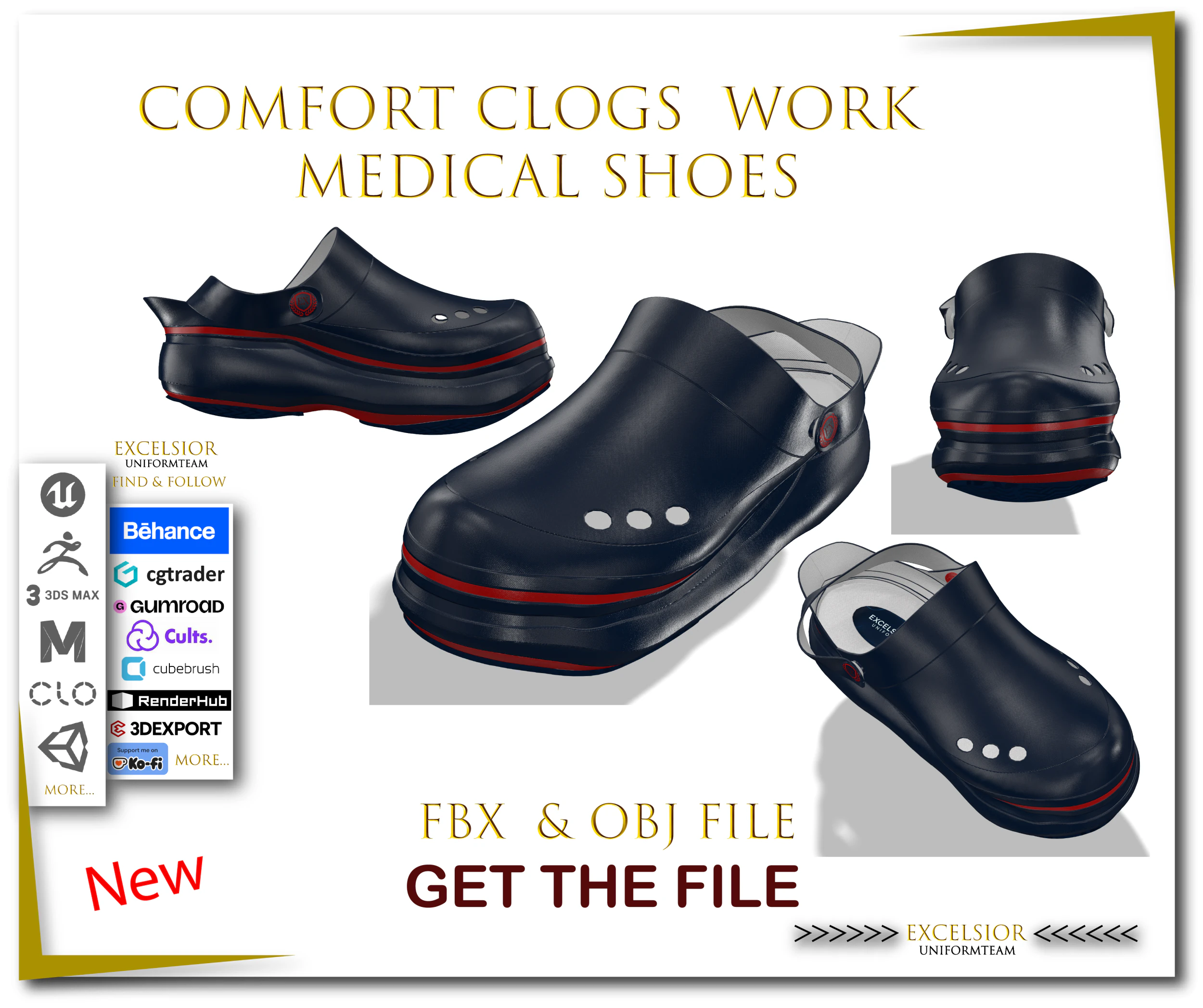 Comfort Clogs Work Medical Shoes Game Ready FBX OBJ 3D Model .c4d .max .obj .3ds .fbx .stl .blend 