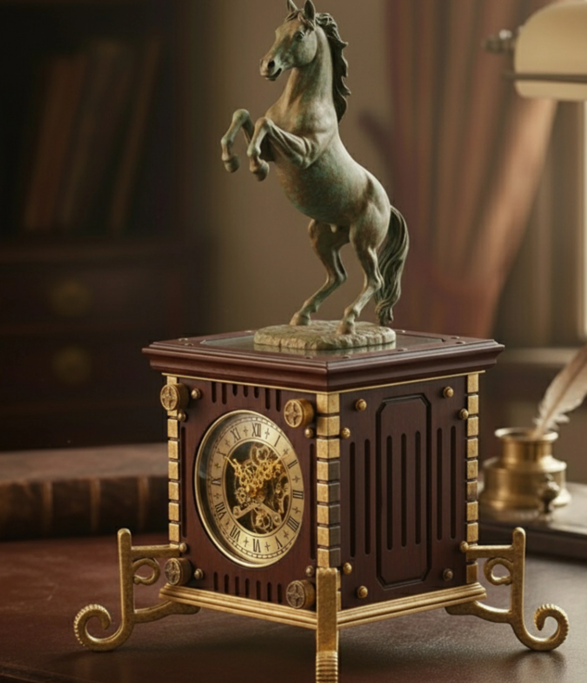 Elegant Desktop Clock with Horse 3D Print Model .c4d .max .obj .3ds .fbx .stl .blend
