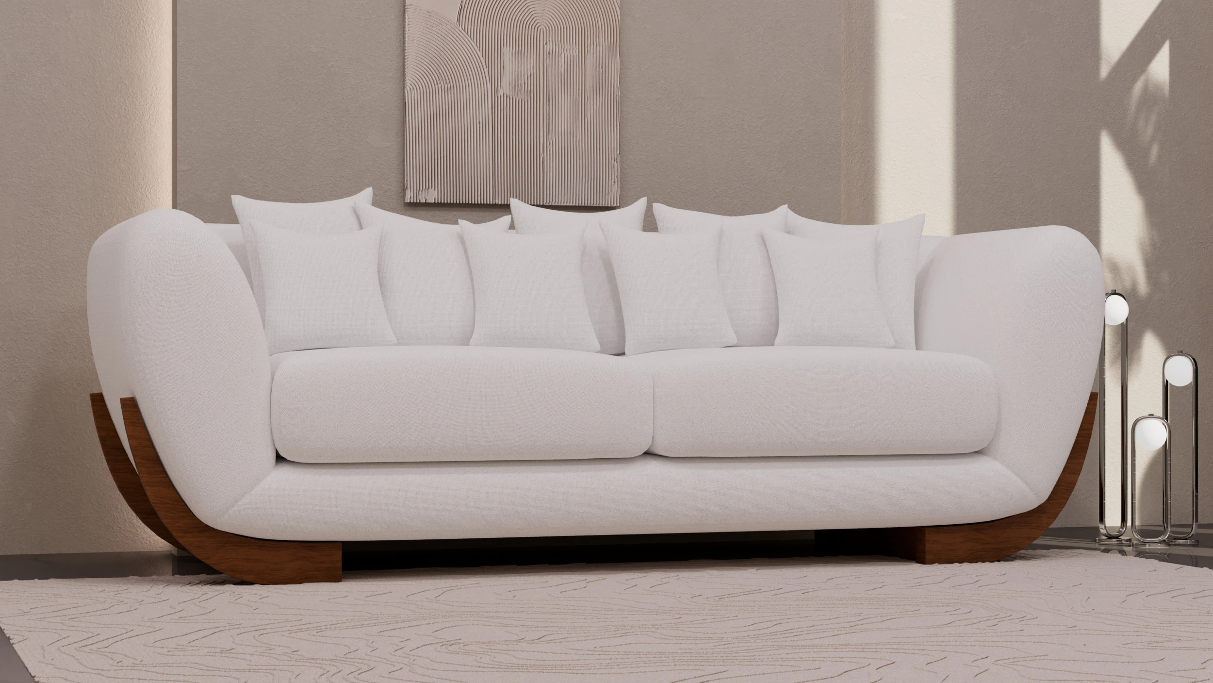 Minimal Boucl Sofa with Wooden Base 3D Model .c4d .max .obj .3ds .fbx .stl .blend 