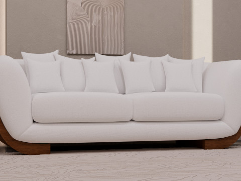 Minimal Boucl Sofa with Wooden Base 3D Model