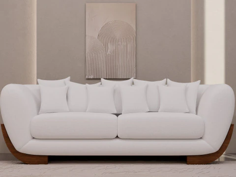Minimal Boucl Sofa with Wooden Base 3D Model