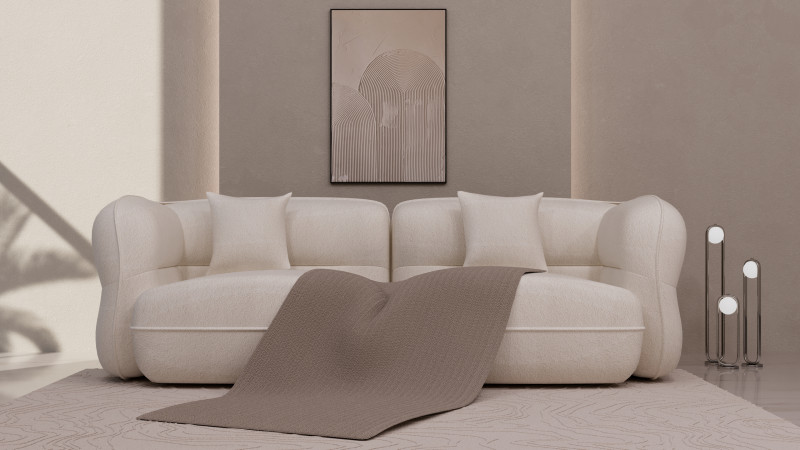 Minimales Bouclé-Sofa mit Holzsockel 3D Modell .c4d .max .obj .3ds .fbx .stl .blend 