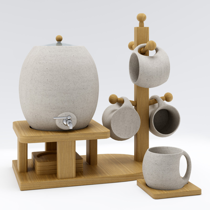 Ceramic Water Dispenser with Wooden Stand and Mugs 3D Model .c4d .max .obj .3ds .fbx .stl .blend