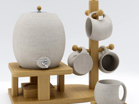 Ceramic Water Dispenser with Wooden Stand and Mugs 3D Model
