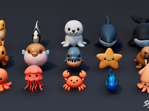 कार्टून समुद्री पशु आलीशान पैक 3D मॉडल