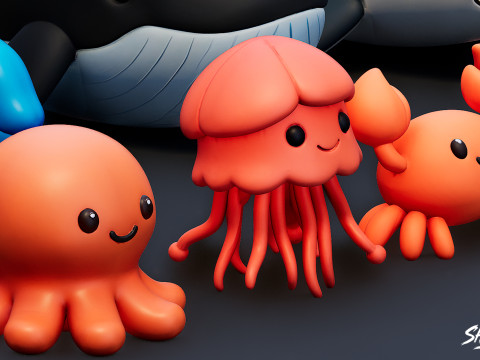 कार्टून समुद्री पशु आलीशान पैक 3D मॉडल