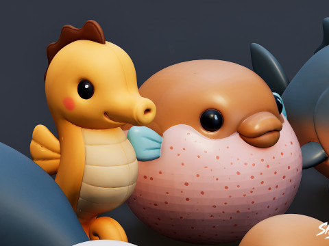 कार्टून समुद्री पशु आलीशान पैक 3D मॉडल