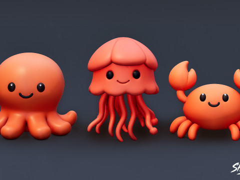 कार्टून समुद्री पशु आलीशान पैक 3D मॉडल