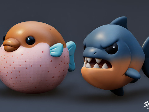 कार्टून समुद्री पशु आलीशान पैक 3D मॉडल