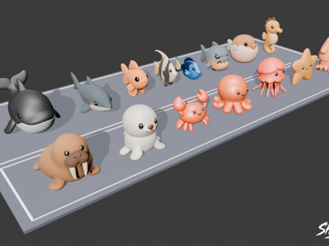 कार्टून समुद्री पशु आलीशान पैक 3D मॉडल