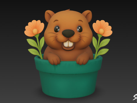 Beaver in Flower Pot 3D Model