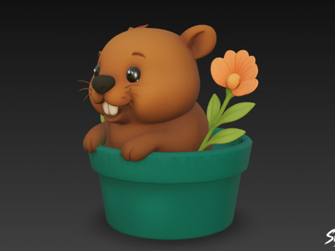 Beaver in Flower Pot 3D Model