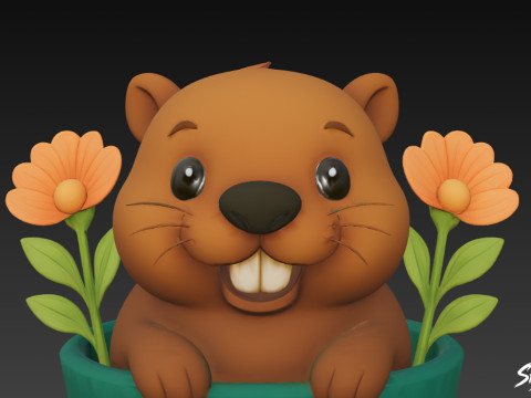 Beaver in Flower Pot 3D Model
