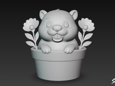 Beaver in Flower Pot 3D Model