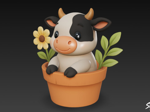 Koe in bloempot 3D Model