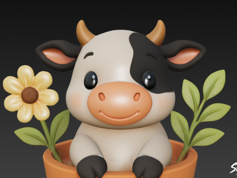 Koe in bloempot 3D Model