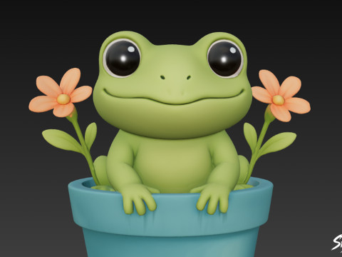 Kikker in bloempot 3D Model
