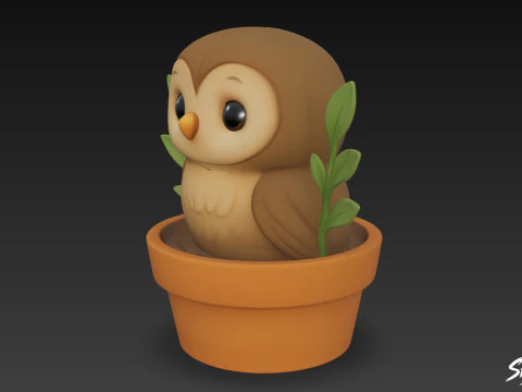 Owl in Flower Pot 3D Model