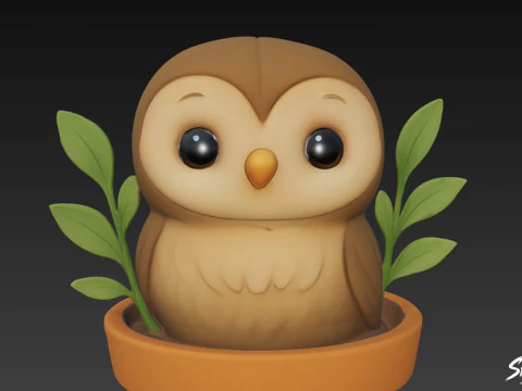 Owl in Flower Pot 3D Model
