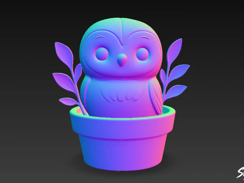 Owl in Flower Pot 3D Model