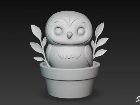 Owl in Flower Pot 3D Model