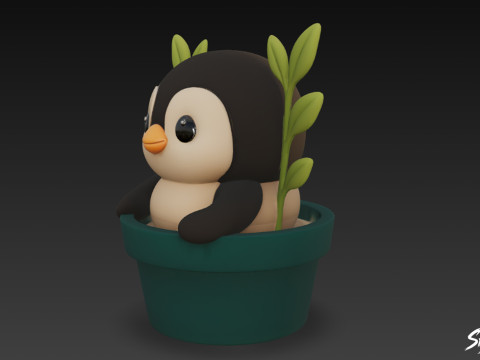 Penguin in Flower Pot 3D Model
