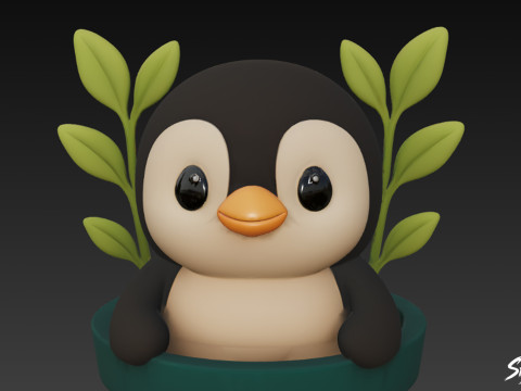 Penguin in Flower Pot 3D Model