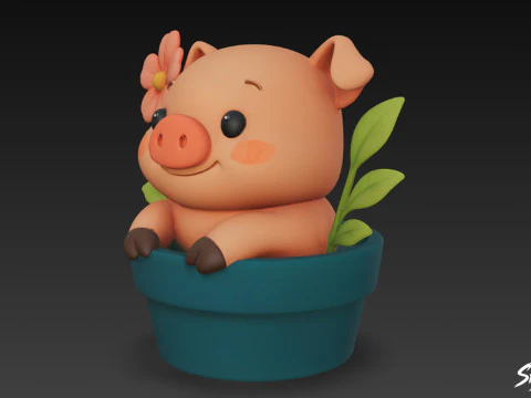 Pig in Flower Pot 3D Model