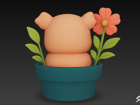 Pig in Flower Pot 3D Model