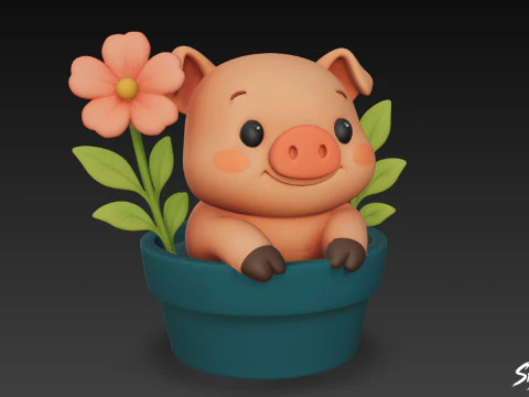 Pig in Flower Pot 3D Model