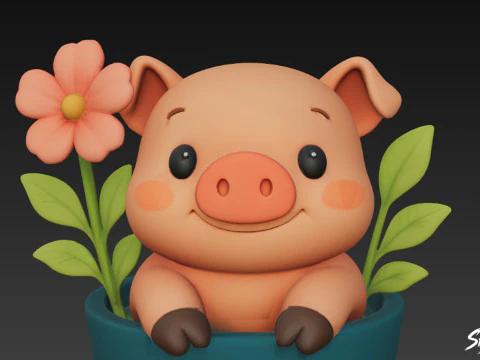 Pig in Flower Pot 3D Model