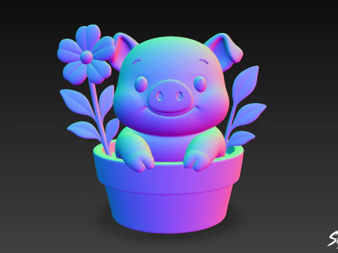 Pig in Flower Pot 3D Model