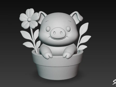 Pig in Flower Pot 3D Model