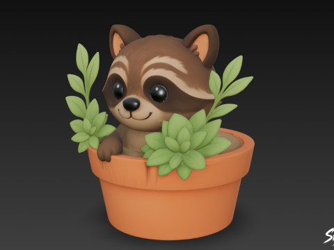Raccoon in Flower Pot 3D Model