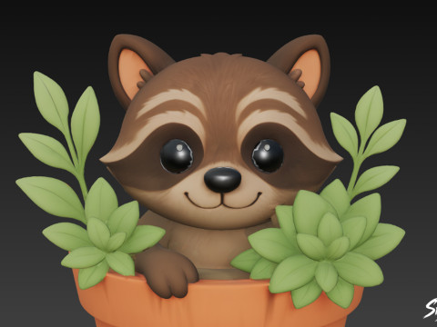 Raccoon in Flower Pot 3D Model