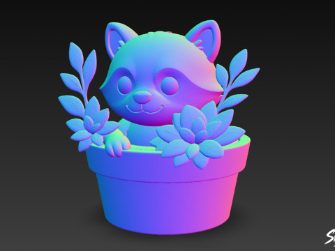 Raccoon in Flower Pot 3D Model